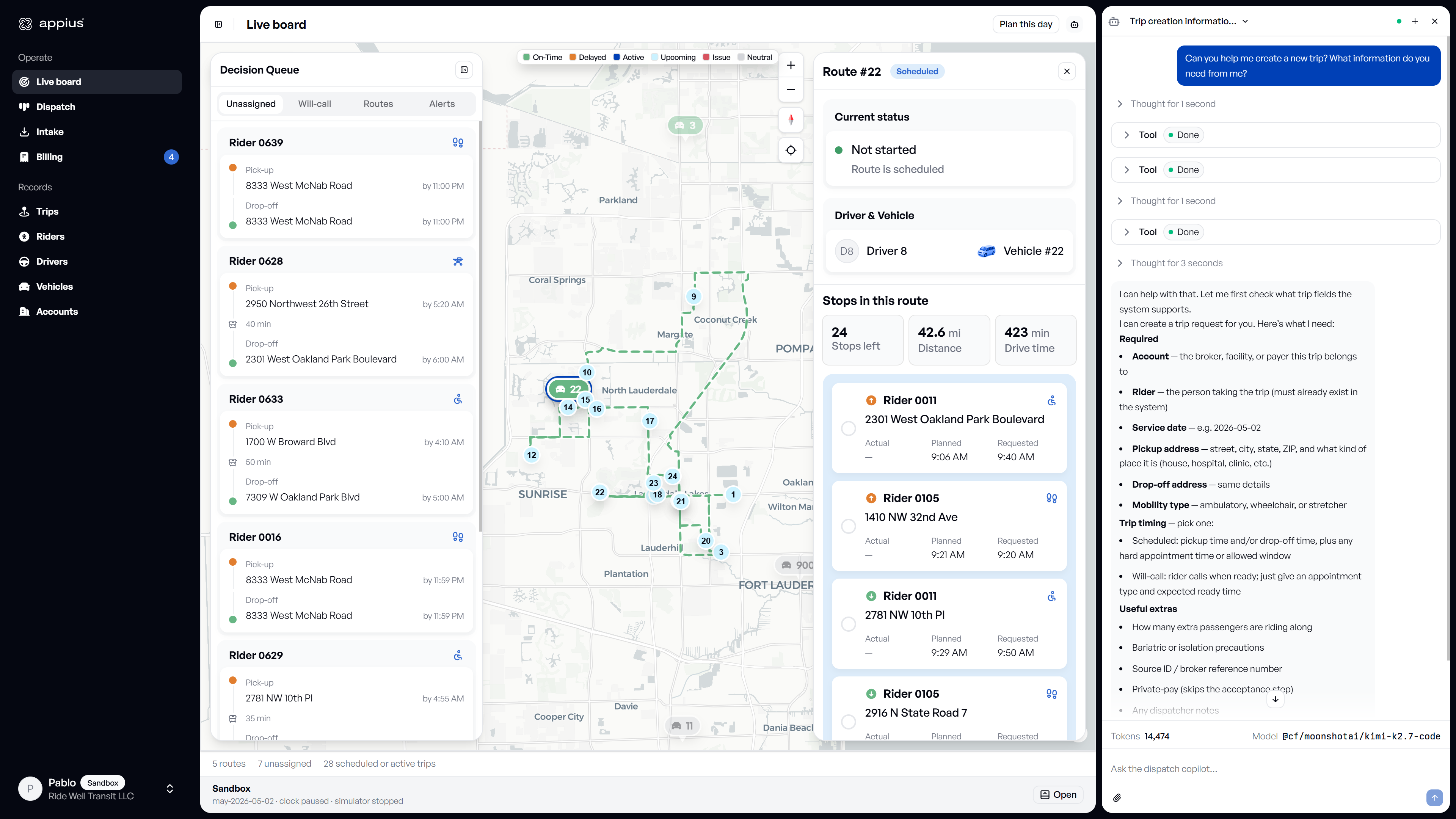 Appius software interface showing live operations map and trip management